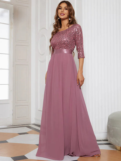 Elegant Round Neckline Long Sleeves Sequin Evening Dress Wholesale EE00685