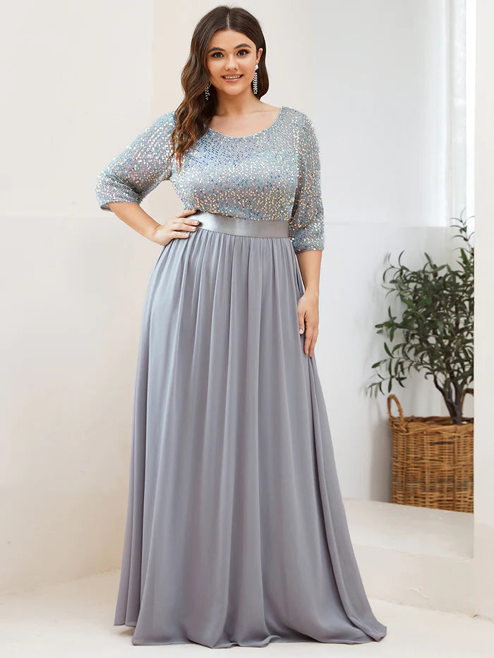 Elegant Round Neckline Long Sleeves Sequin Evening Dress