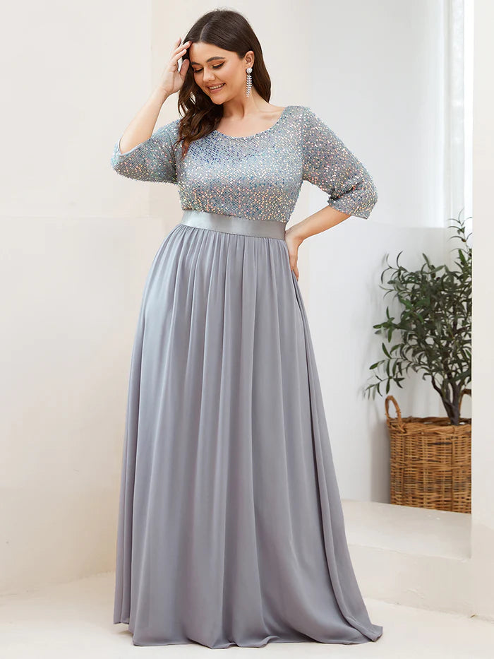 Elegant Round Neckline Long Sleeves Sequin Evening Dress