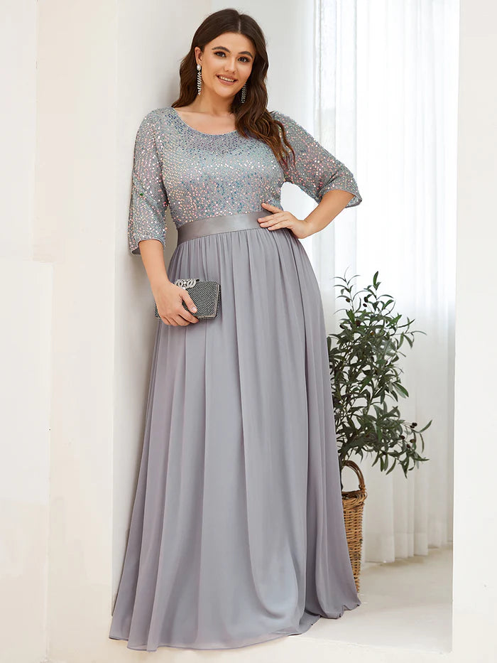 Elegant Round Neckline Long Sleeves Sequin Evening Dress