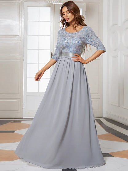 Elegant Round Neckline Long Sleeves Sequin Evening Dress Wholesale EE00685