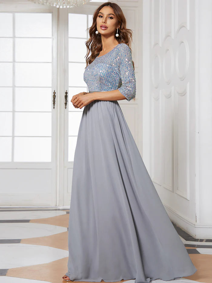 Elegant Round Neckline Long Sleeves Sequin Evening Dress Wholesale EE00685