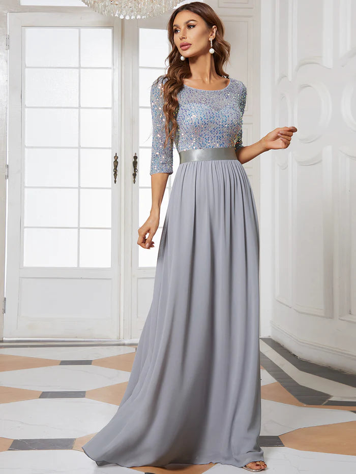 Elegant Round Neckline Long Sleeves Sequin Evening Dress Wholesale EE00685