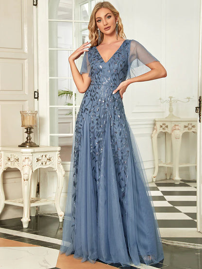 Shimmery V Neck Ruffle Sleeves Sequin Maxi Long Evening Dress Wholesale EE00736