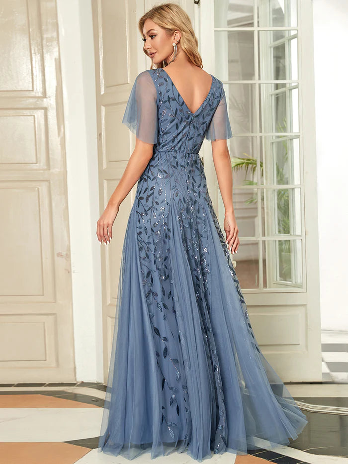 Shimmery V Neck Ruffle Sleeves Sequin Maxi Long Evening Dress Wholesale EE00736