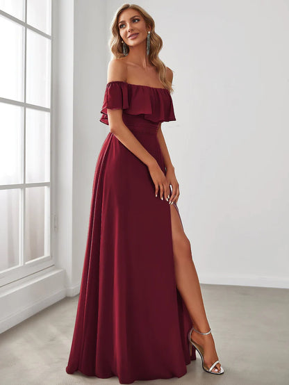 Women's Off Shoulder Ruffle Thigh Slit Bridesmaid Dresses Wholesale ES00969