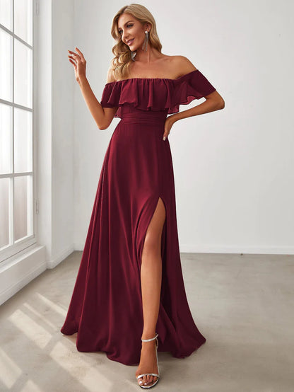 Women's Off Shoulder Ruffle Thigh Slit Bridesmaid Dresses Wholesale ES00969