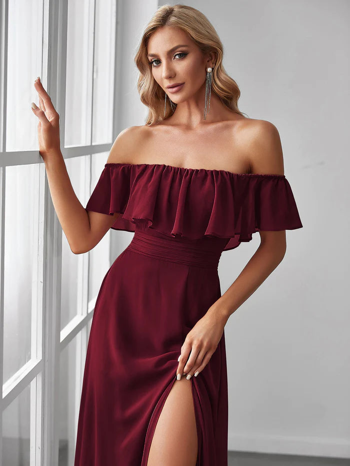 Women's Off Shoulder Ruffle Thigh Slit Bridesmaid Dresses Wholesale ES00969