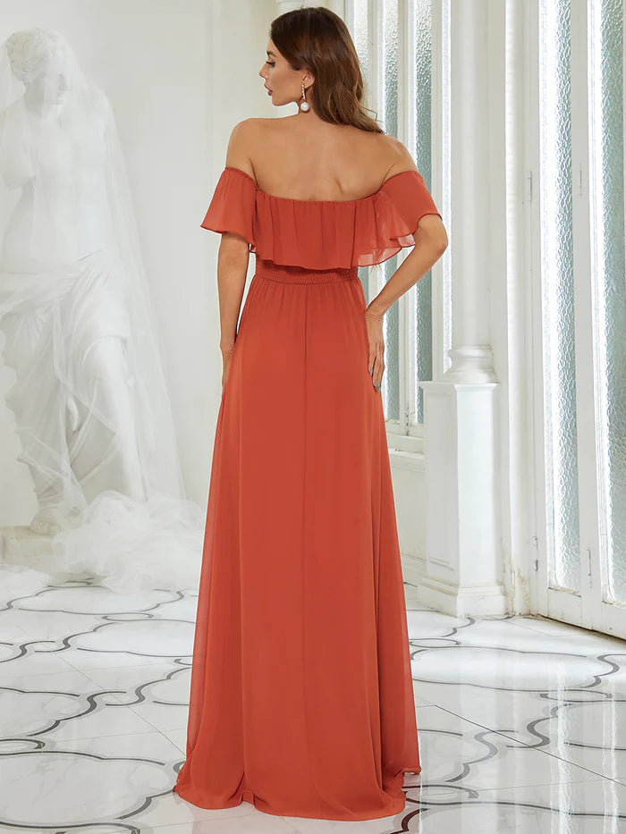 Off the Shoulder Ruffle Bodice Long Flowy Chiffon Bridesmaid Dress