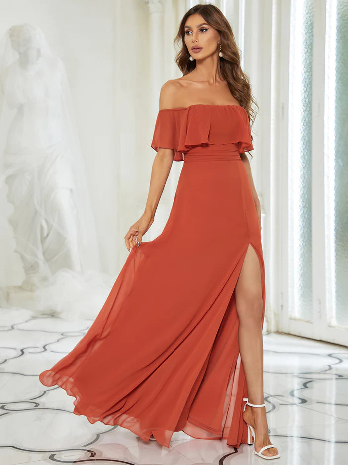 Off the Shoulder Ruffle Bodice Long Flowy Chiffon Bridesmaid Dress