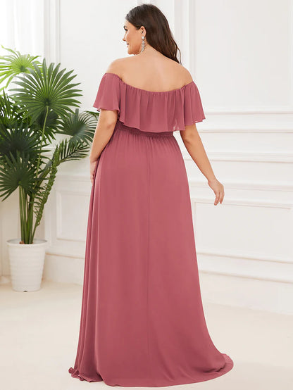 Off the Shoulder Ruffle Bodice Long Flowy Chiffon Bridesmaid Dress