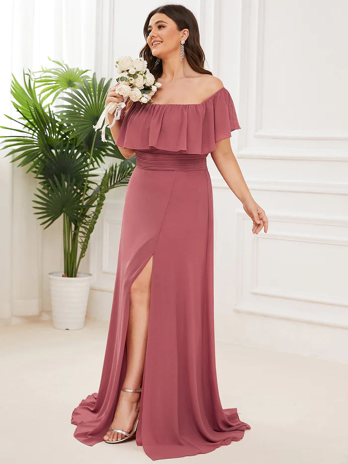 Off the Shoulder Ruffle Bodice Long Flowy Chiffon Bridesmaid Dress