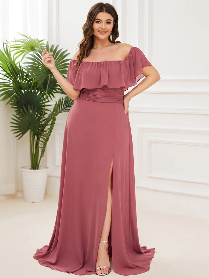 Off the Shoulder Ruffle Bodice Long Flowy Chiffon Bridesmaid Dress