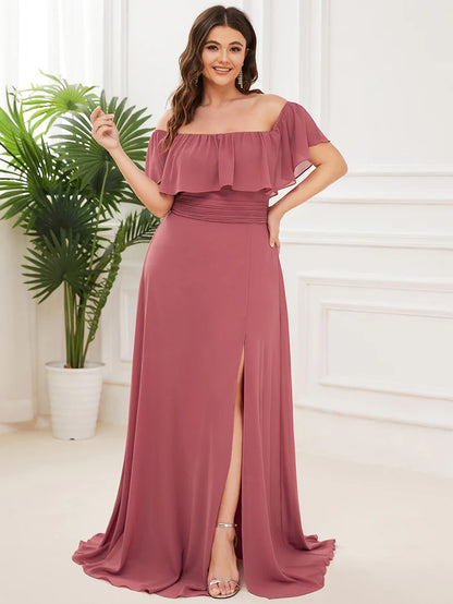 Off the Shoulder Ruffle Bodice Long Flowy Chiffon Bridesmaid Dress