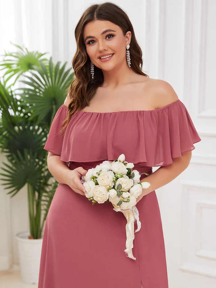 Off the Shoulder Ruffle Bodice Long Flowy Chiffon Bridesmaid Dress