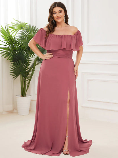 Off the Shoulder Ruffle Bodice Long Flowy Chiffon Bridesmaid Dress