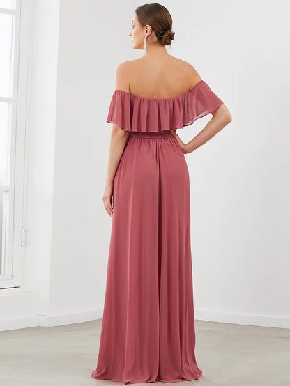 Off the Shoulder Ruffle Bodice Long Flowy Chiffon Bridesmaid Dress