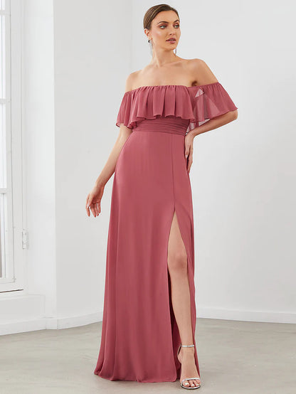 Off the Shoulder Ruffle Bodice Long Flowy Chiffon Bridesmaid Dress