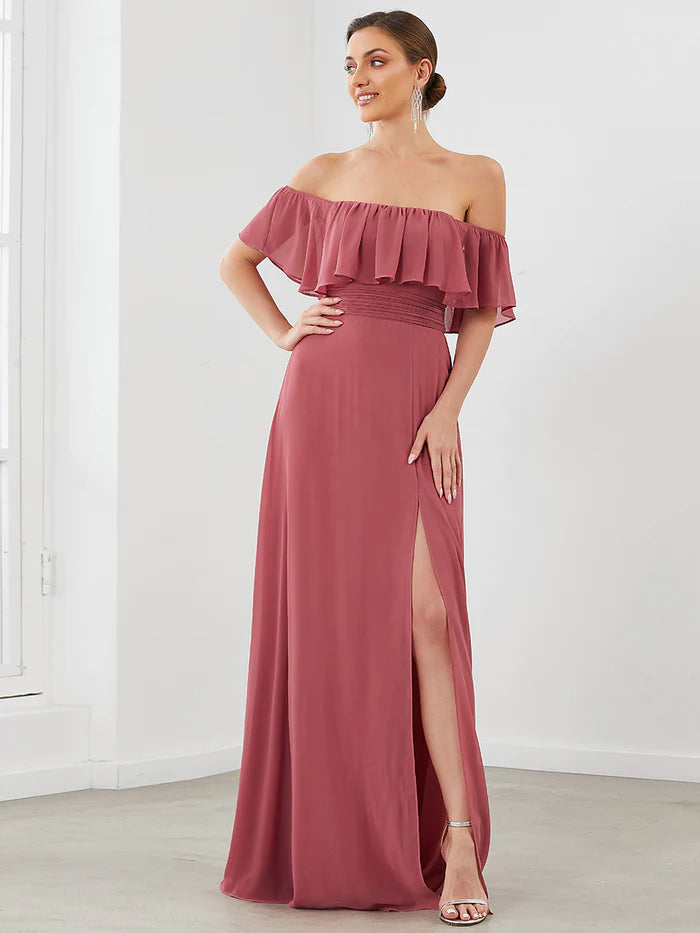 Off the Shoulder Ruffle Bodice Long Flowy Chiffon Bridesmaid Dress