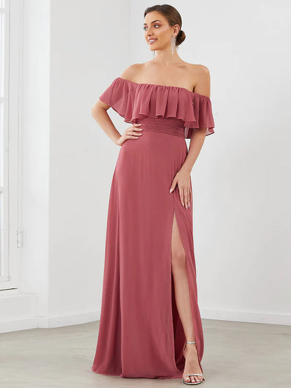 Off the Shoulder Ruffle Bodice Long Flowy Chiffon Bridesmaid Dress