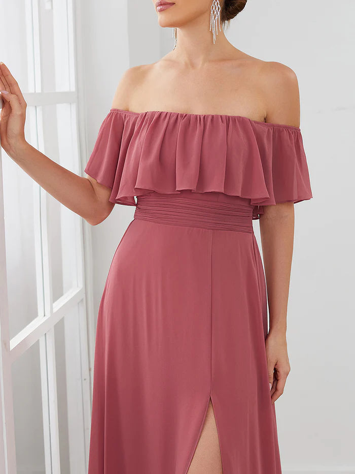 Off the Shoulder Ruffle Bodice Long Flowy Chiffon Bridesmaid Dress