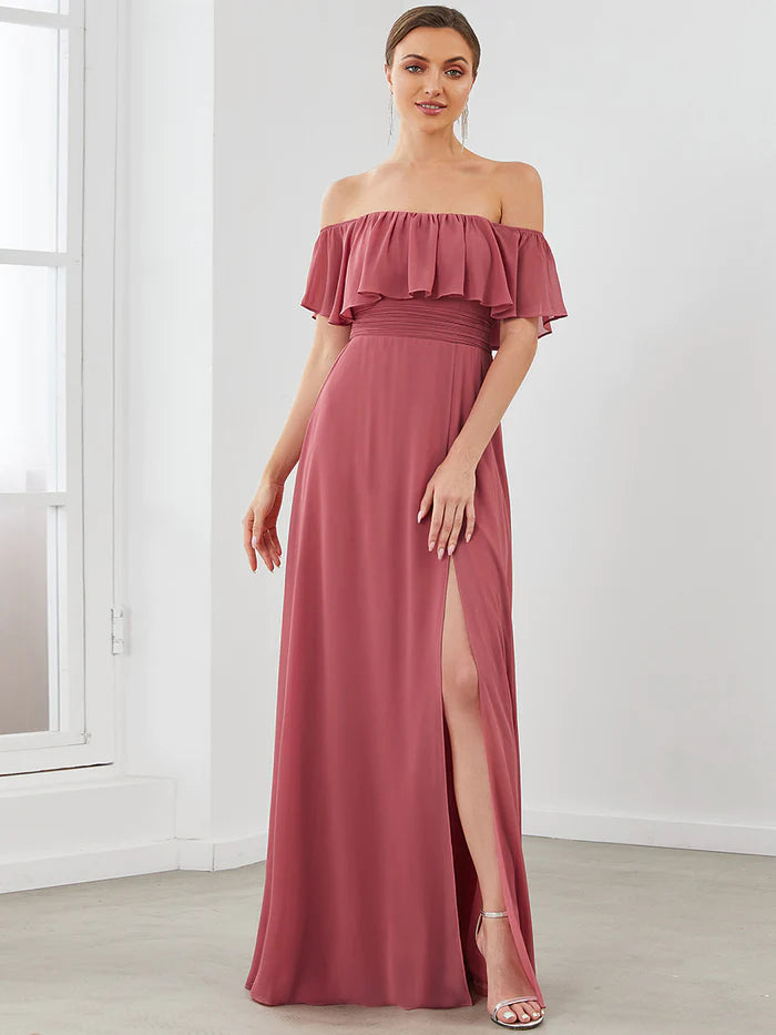 Off the Shoulder Ruffle Bodice Long Flowy Chiffon Bridesmaid Dress