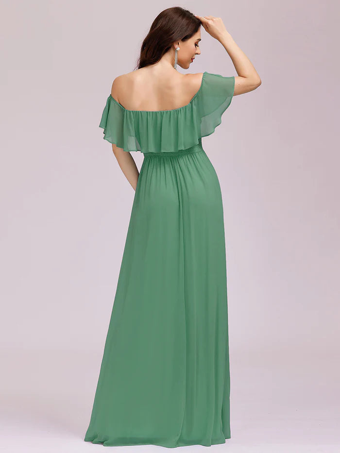 Off the Shoulder Ruffle Bodice Long Flowy Chiffon Bridesmaid Dress