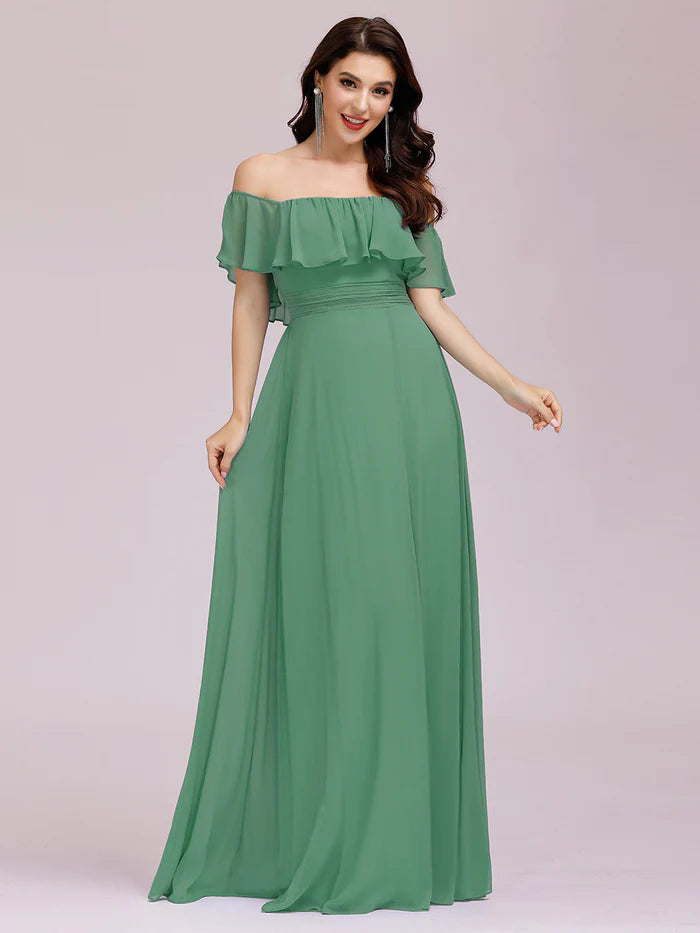 Off the Shoulder Ruffle Bodice Long Flowy Chiffon Bridesmaid Dress