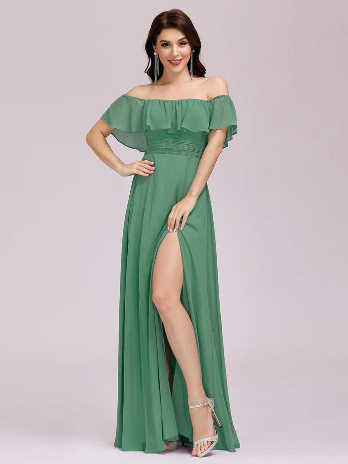 Off the Shoulder Ruffle Bodice Long Flowy Chiffon Bridesmaid Dress