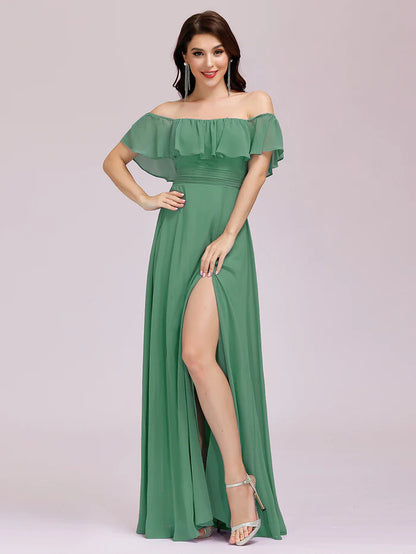 Off the Shoulder Ruffle Bodice Long Flowy Chiffon Bridesmaid Dress