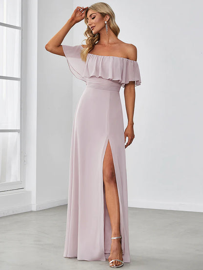 Off the Shoulder Ruffle Bodice Long Flowy Chiffon Bridesmaid Dress