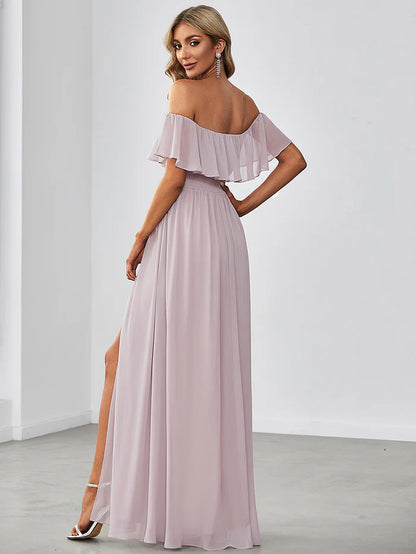 Off the Shoulder Ruffle Bodice Long Flowy Chiffon Bridesmaid Dress