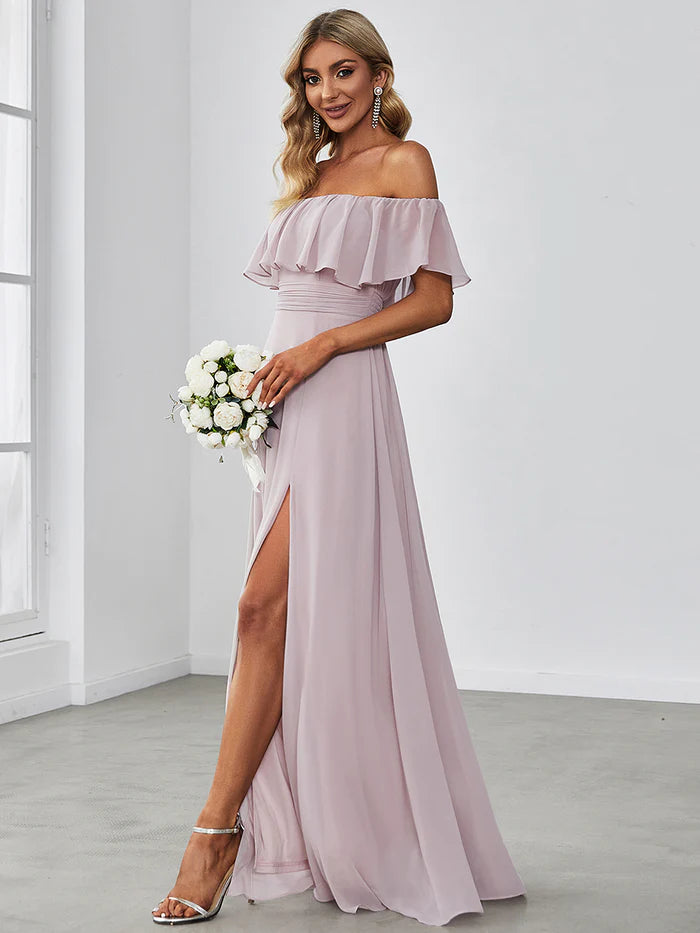 Off the Shoulder Ruffle Bodice Long Flowy Chiffon Bridesmaid Dress