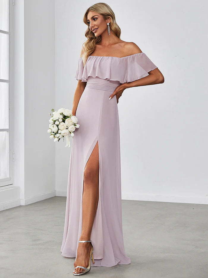 Off the Shoulder Ruffle Bodice Long Flowy Chiffon Bridesmaid Dress