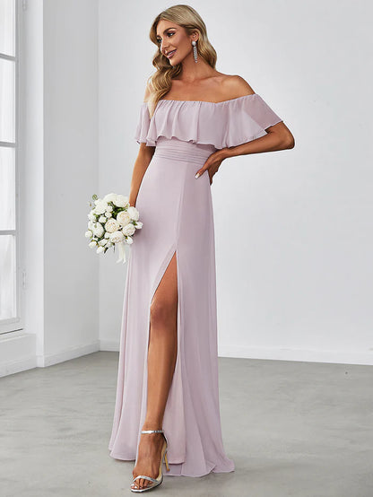 Off the Shoulder Ruffle Bodice Long Flowy Chiffon Bridesmaid Dress