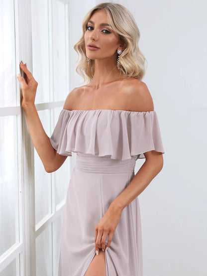 Off the Shoulder Ruffle Bodice Long Flowy Chiffon Bridesmaid Dress