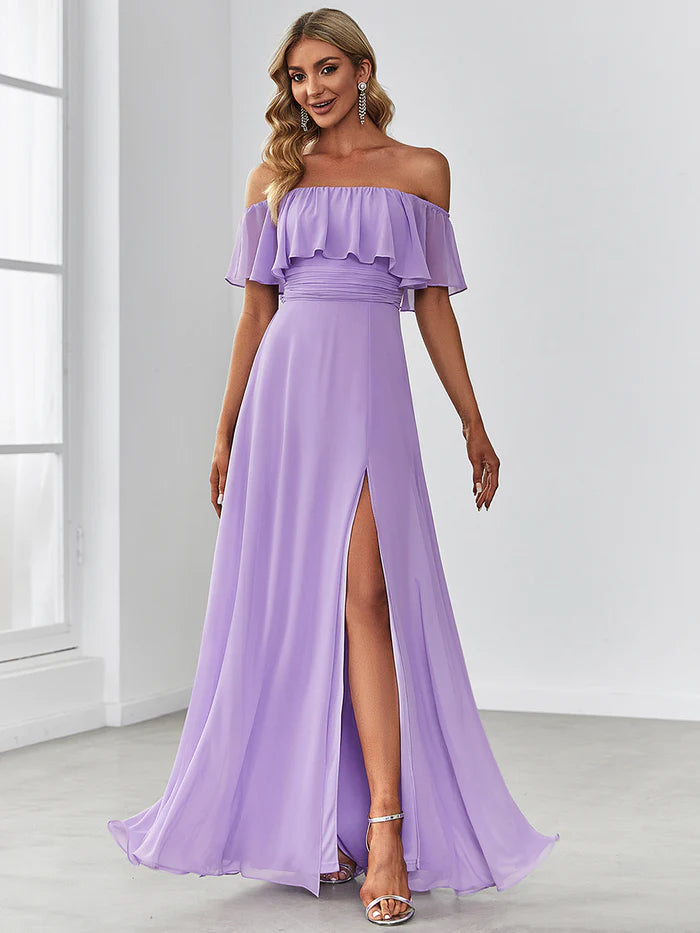 Off the Shoulder Ruffle Bodice Long Flowy Chiffon Bridesmaid Dress