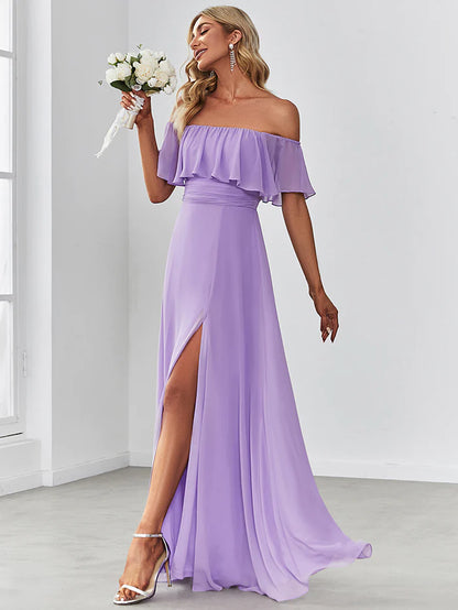 Off the Shoulder Ruffle Bodice Long Flowy Chiffon Bridesmaid Dress