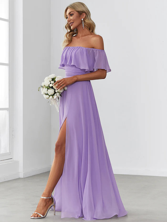 Off the Shoulder Ruffle Bodice Long Flowy Chiffon Bridesmaid Dress