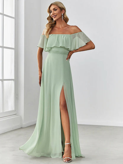 Off the Shoulder Ruffle Bodice Long Flowy Chiffon Bridesmaid Dress