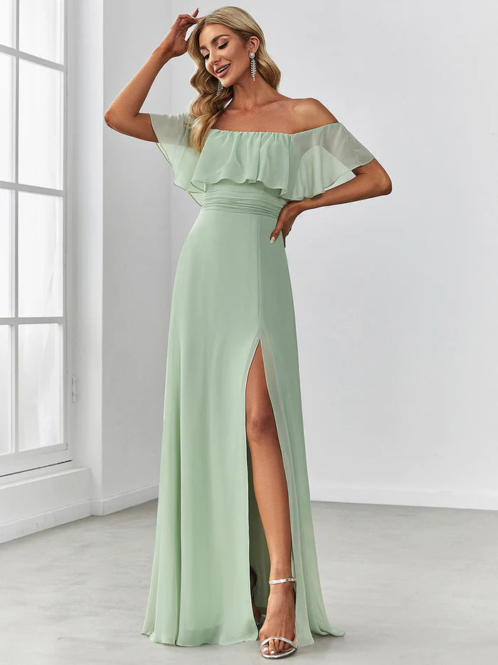 Off the Shoulder Ruffle Bodice Long Flowy Chiffon Bridesmaid Dress