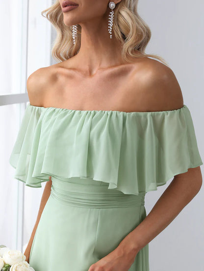 Off the Shoulder Ruffle Bodice Long Flowy Chiffon Bridesmaid Dress