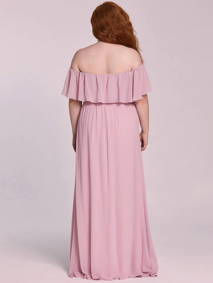 Off the Shoulder Ruffle Bodice Long Flowy Chiffon Bridesmaid Dress