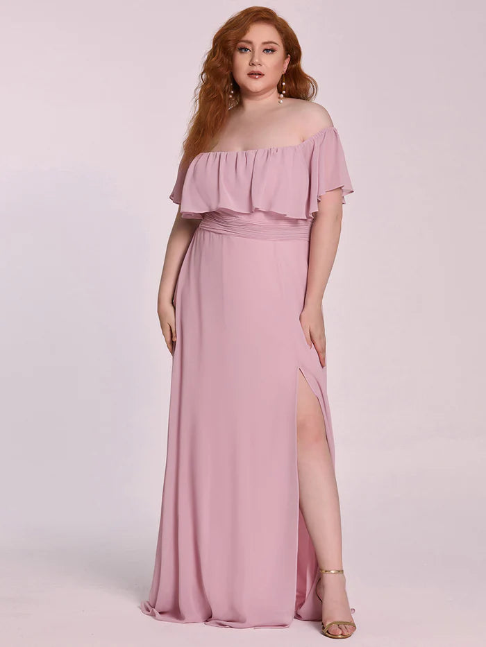 Off the Shoulder Ruffle Bodice Long Flowy Chiffon Bridesmaid Dress