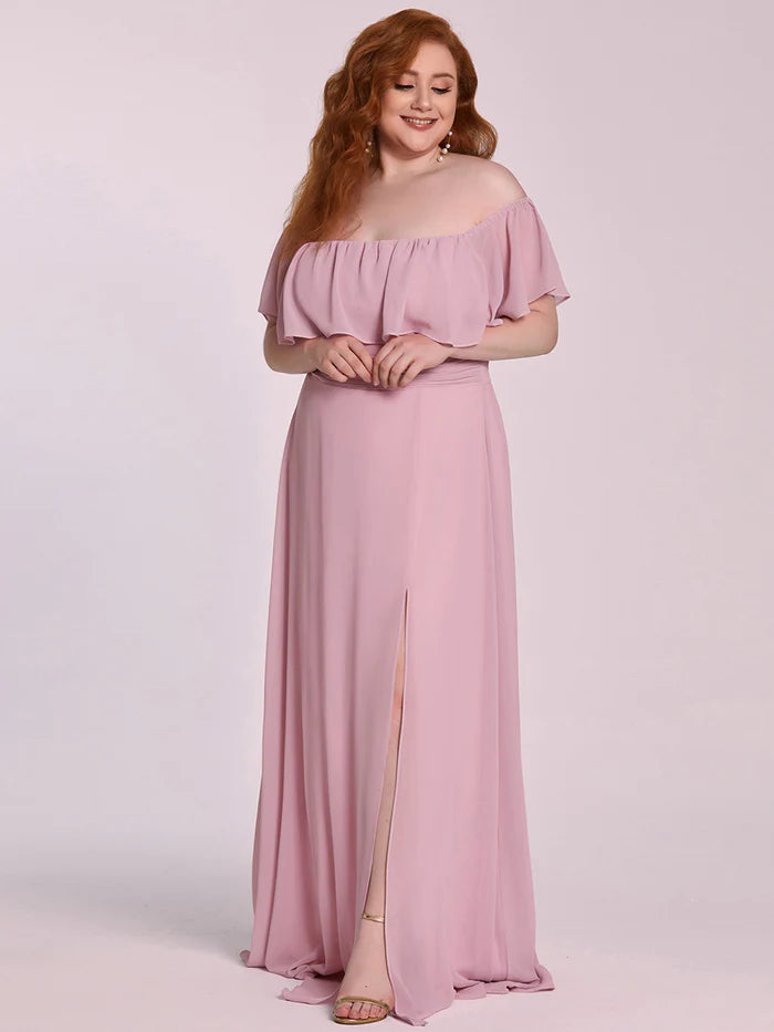 Off the Shoulder Ruffle Bodice Long Flowy Chiffon Bridesmaid Dress