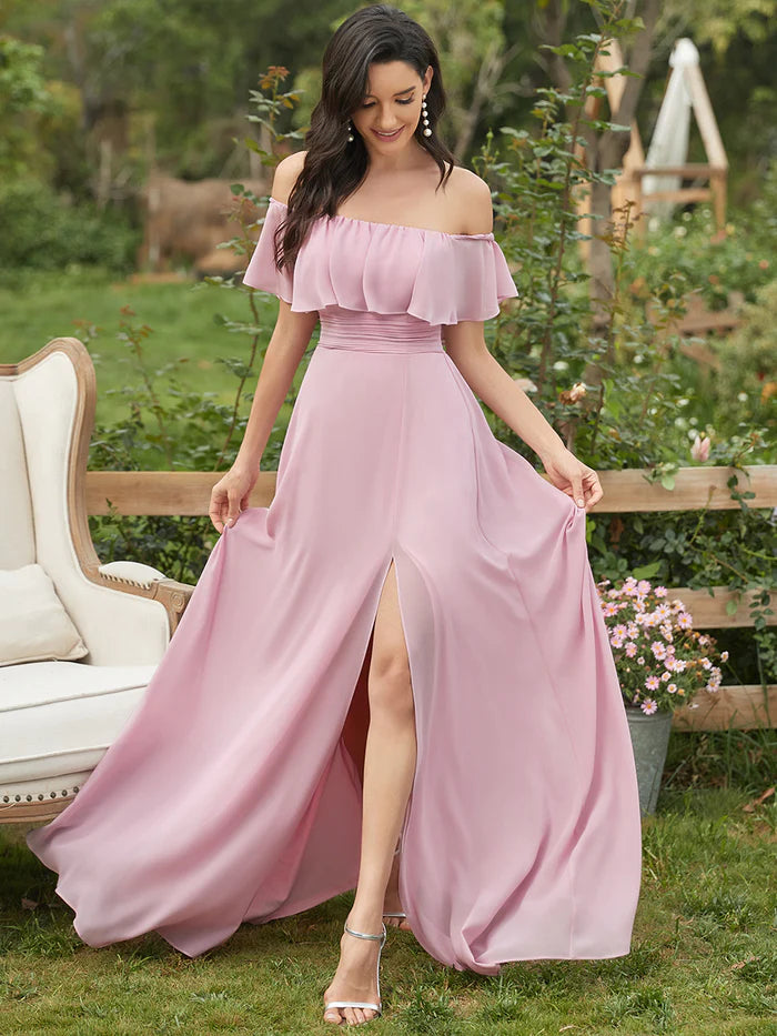 Off the Shoulder Ruffle Bodice Long Flowy Chiffon Bridesmaid Dress