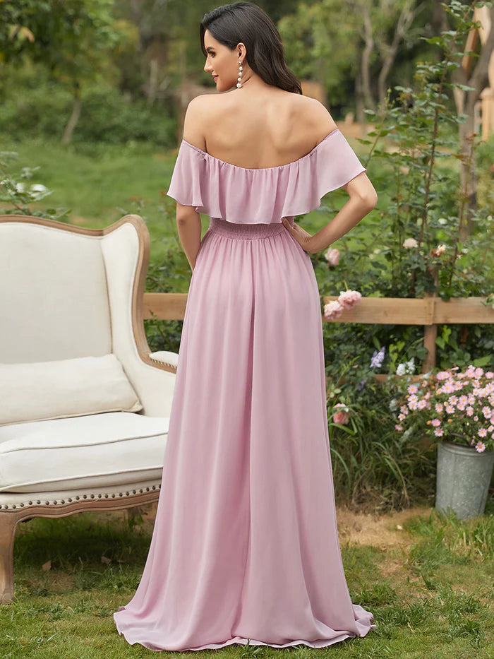 Off the Shoulder Ruffle Bodice Long Flowy Chiffon Bridesmaid Dress