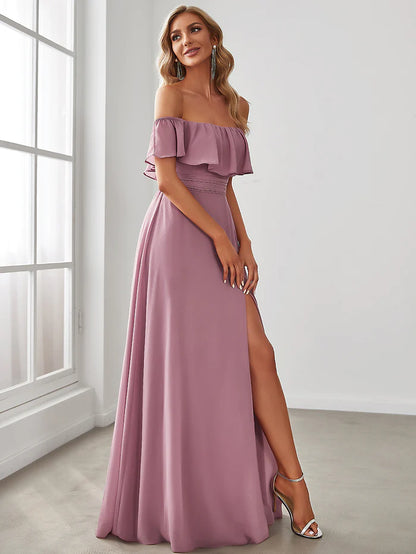 Women's Off Shoulder Ruffle Thigh Slit Bridesmaid Dresses Wholesale ES00969