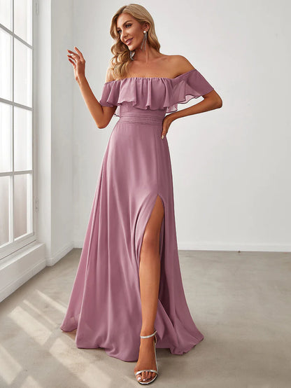 Women's Off Shoulder Ruffle Thigh Slit Bridesmaid Dresses Wholesale ES00969