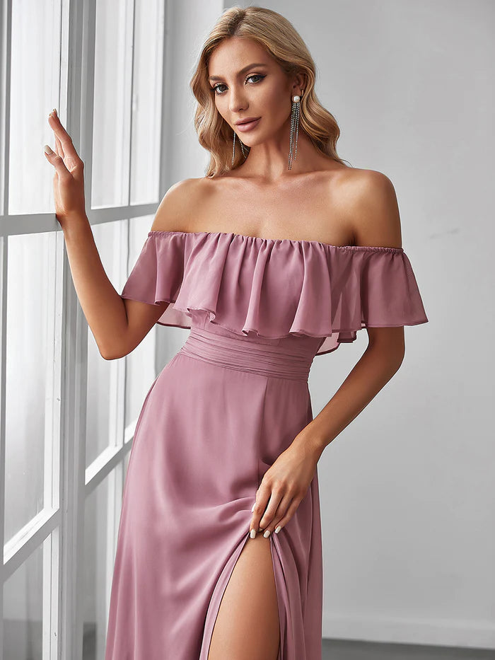 Women's Off Shoulder Ruffle Thigh Slit Bridesmaid Dresses Wholesale ES00969